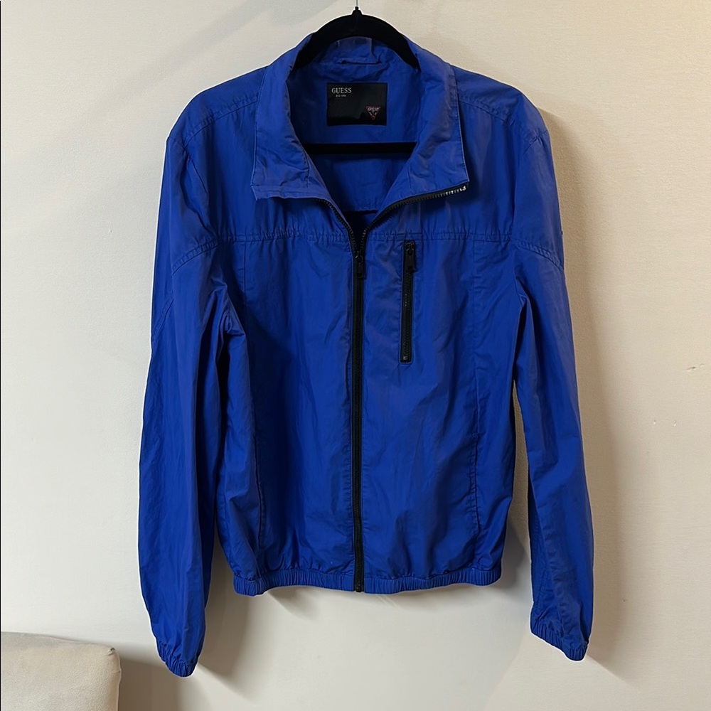 Guess Blue Bomber Jacket with Full Length Zipper and Elastic Cuffs